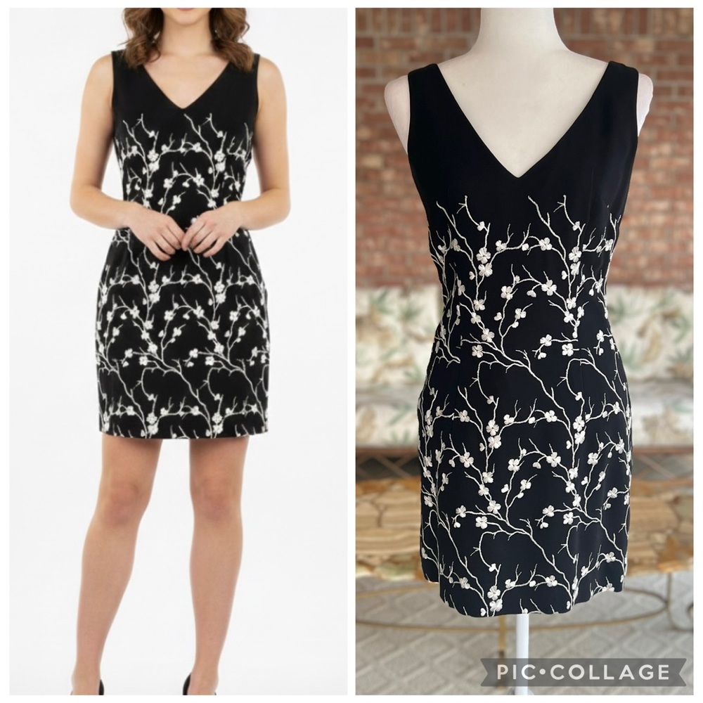 Nicole Miller Dress Black Floral Embroidered Mini V-Neck Sleeveless 6 Party LBD